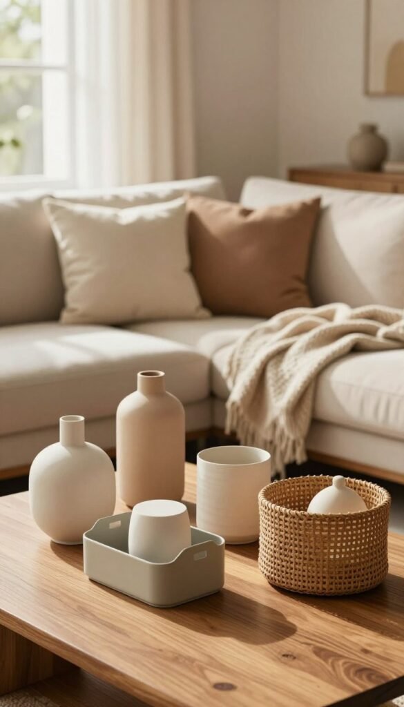 Generate a warm and inviting image showcasing modern home accessories that embody both style and practicality. In the foreground, arrange a stylish assortment of WohnKiste products such as elegant vases, chic organizers, and decorative storage baskets, artfully displayed on a textured wooden table. In the middle ground, incorporate a cozy sofa adorned with plush cushions and a soft throw blanket, creating a welcoming scene. The background features a softly lit room with natural light streaming in through a large window, casting gentle shadows. Use a warm color palette with earthy tones to enhance the inviting atmosphere, evoking a Pinterest-inspired aesthetic. Ensure the overall mood is harmonious and authentic, emphasizing the beauty of functional home decor without any text or distractions in the image.