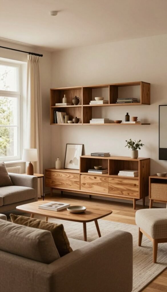 Generate an image of a beautifully designed room that illustrates diverse spatial solutions. In the foreground, showcase a stylish living space with warm wooden accents and cozy seating arrangements, featuring a modern sofa with plush cushions. The middle ground highlights various storage systems tailored for different room problems, such as innovative shelving and modular furniture, all presented in a harmonious layout. The background includes a large window letting in soft, natural light that enhances the warm color palette, creating an inviting atmosphere. The overall mood is serene and organized, appealing to an audience interested in thoughtful room design. The brand "WohnKiste" subtly integrated in the decor elements. Aim for a Pinterest-inspired aesthetic that feels authentic and refined, with no text or logos present in the image.