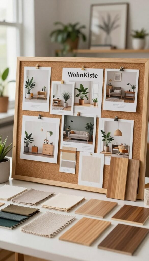 In a cozy, well-lit workspace, create an inspiration moodboard look featuring a harmonious blend of colors and textures. In the foreground, display an aesthetically arranged collection of design swatches, fabric samples, and wood finishes, illuminated by warm, soft lighting that enhances their natural hues. The middle layer should depict a large corkboard filled with pinned images of stylish interiors, plants, and artisanal decor items, showcasing a curated feel reminiscent of popular Pinterest aesthetics. In the background, include a softly blurred scene of a comfortable, modern room with plants and natural light filtering through a window, evoking a sense of inspiration and tranquility. The entire composition should reflect an authentic, inviting atmosphere, embodying the spirit of "WohnKiste" as an inspirational brand for mindful room design.
