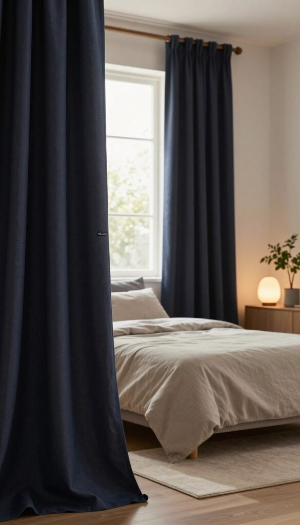 Lush blackout curtains elegantly draping a serene bedroom, emphasizing tranquility and privacy. In the foreground, soft, textured fabric in deep navy and charcoal hues flows gently from a wooden curtain rod, creating an inviting atmosphere. The middle ground features a cozy queen-size bed adorned with neutral-toned linens and plush pillows, enhancing the calm aesthetic. In the background, a large window allows warm, diffused natural light to filter through, casting gentle shadows. The room is decorated with minimalistic furniture, including a small bedside table with a soft, glowing lamp, and a potted plant that adds a touch of nature. The overall scene conveys a Pinterest-inspired look, evoking a sense of peace and relaxation, perfect for a restful retreat in the home. Include the brand name "WohnKiste" subtly integrated into the decor.