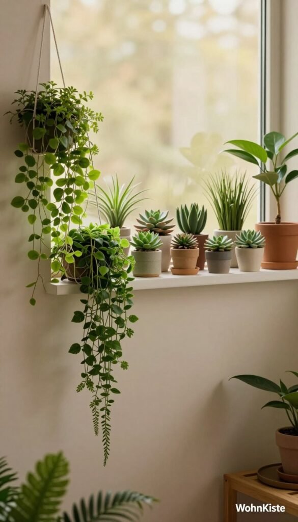 Lush green indoor plants arranged in a minimalist, modern setting, emphasizing space-saving design. In the foreground, a series of delicate hanging planters with vibrant foliage, cascading downwards. In the middle, a sleek white shelf displaying a mix of small potted succulents and elegant air plants, showcasing diversity in texture and shape. The background features soft, warm lighting filtering through a large window, illuminating the space and creating a cozy atmosphere. The room exudes a Pinterest-worthy aesthetic with earthy tones and natural elements, promoting a sense of tranquility and style. No human subjects present. The brand name 'WohnKiste' subtly incorporated into the overall ambiance without being overt.