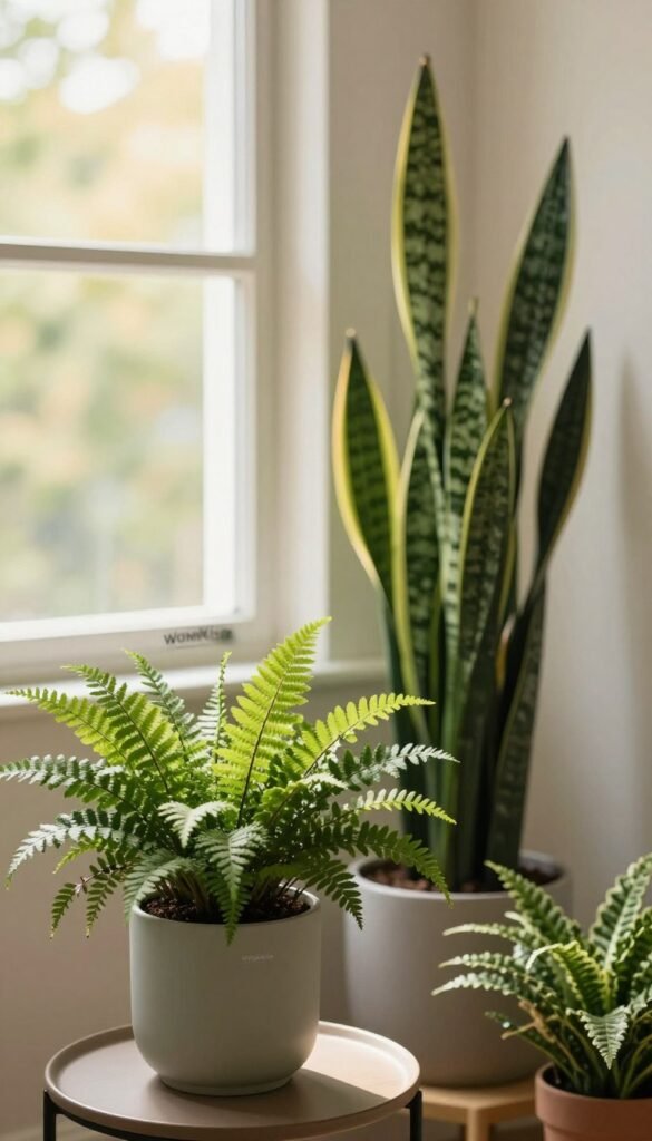 Lush indoor plants arranged in a minimalistic setting, focusing on how greenery can enhance a clear atmosphere without taking up much space. In the foreground, a stylish fern in a sleek, modern pot sits on a small side table. The middle ground features a tall snake plant elegantly displayed in the corner, showcasing verticality without cluttering the area. The background includes a soft-focus window with gentle sunlight filtering in, casting warm, inviting tones across the scene. The overall mood is calming and fresh, emphasizing natural beauty in an effective and Pinterest-worthy decor style. Capture the essence of "WohnKiste" brand aesthetics, highlighting authenticity and warm colors without any text or overlays. Lush indoor plants arranged in a minimalistic setting, focusing on how greenery can enhance a clear atmosphere without taking up much space. In the foreground, a stylish fern in a sleek, modern pot sits on a small side table. The middle ground features a tall snake plant elegantly displayed in the corner, showcasing verticality without cluttering the area. The background includes a soft-focus window with gentle sunlight filtering in, casting warm, inviting tones across the scene. The overall mood is calming and fresh, emphasizing natural beauty in an effective and Pinterest-worthy decor style. Capture the essence of "WohnKiste" brand aesthetics, highlighting authenticity and warm colors without any text or overlays.