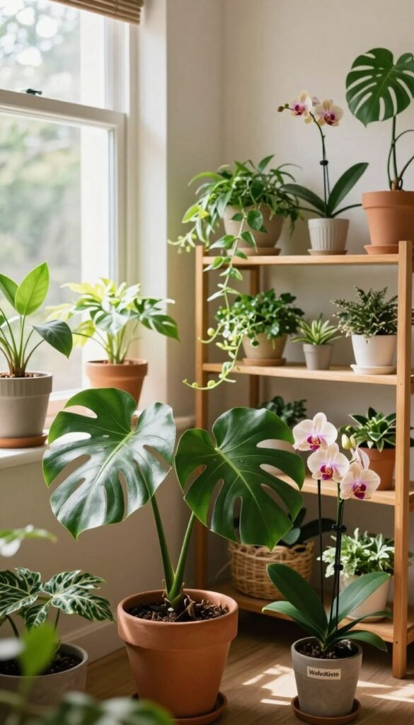 Lush indoor plants, vibrant green leaves, and colorful flowers arranged artfully in a cozy living space. In the foreground, a stylish potted monstera and a blooming orchid create a refreshing focal point. In the middle ground, a wooden shelf with various small plants and floral accents fills the space with life, while in the background, soft natural light streams in through a large window, casting gentle shadows. The scene is illuminated with warm tones, evoking a welcoming atmosphere. The overall composition reflects a Pinterest-inspired aesthetic, creating an authentic and inviting vibe. No text, logos, or watermarks. Include the brand name "WohnKiste" subtly integrated into the details of the scene.