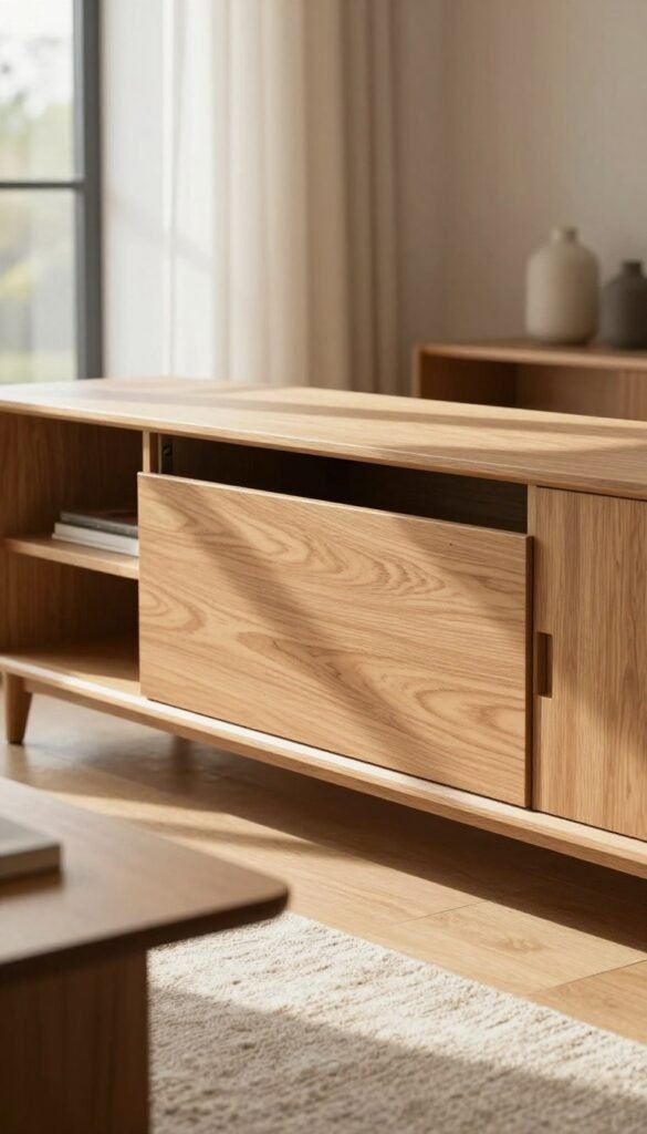 Minimalist furniture design focusing on closed storage solutions that replace decor. Imagine a beautifully arranged living space showcasing a sleek, modern cabinet made of natural wood with clean lines, integrated seamlessly into a cozy room. In the foreground, the cabinet features smooth, handle-less doors, elegantly hiding items while maintaining a clutter-free appearance. The middle ground shows a soft, textured rug beneath a stylish coffee table, accentuating the warmth of the wooden tones. In the background, natural light streams through large windows, casting soft shadows and enhancing the peaceful ambiance with warm colors. The mood is inviting and serene, perfect for showcasing the "WohnKiste" brand philosophy. No captions, no text, just an authentic representation of minimalist living.