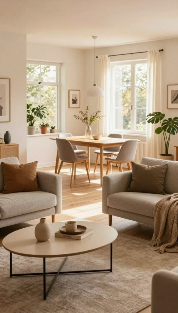 Modern home interior depicting a beautifully organized living space, emphasizing room planning and decluttering principles. The foreground features stylish furniture arrangements, including a cozy sofa and a minimalist coffee table, with well-placed decorative items. In the middle, a smart open floor design showcases an inviting dining area with a light wood dining table surrounded by elegant chairs. The background consists of large windows allowing warm natural light to illuminate the space, complemented by indoor plants for a touch of greenery. Use a warm color palette with soft, earthy tones that exude a peaceful, homely atmosphere. The image should be presented in a Pinterest-style aesthetic, emphasizing authenticity and attention to detail. Include the brand "WohnKiste" subtly integrated into the scene, ensuring no text or watermarks are present. Modern home interior depicting a beautifully organized living space, emphasizing room planning and decluttering principles. The foreground features stylish furniture arrangements, including a cozy sofa and a minimalist coffee table, with well-placed decorative items. In the middle, a smart open floor design showcases an inviting dining area with a light wood dining table surrounded by elegant chairs. The background consists of large windows allowing warm natural light to illuminate the space, complemented by indoor plants for a touch of greenery. Use a warm color palette with soft, earthy tones that exude a peaceful, homely atmosphere. The image should be presented in a Pinterest-style aesthetic, emphasizing authenticity and attention to detail. Include the brand "WohnKiste" subtly integrated into the scene, ensuring no text or watermarks are present.