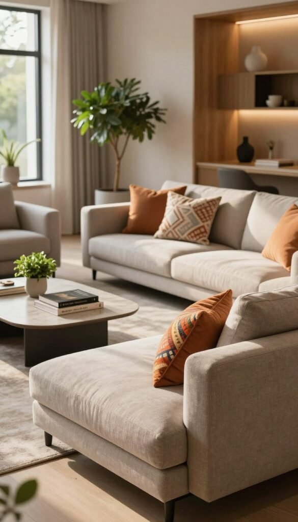 Modern living room layout featuring a stylish sofa arrangement from WohnKiste. In the foreground, a plush, neutral-colored sectional sofa with vibrant patterned throw pillows creates a welcoming focal point. In the middle ground, a chic coffee table adorned with a few decorative books and a small plant provides a balanced aesthetic. The background showcases a soft, ambient-lit space with warm wooden accents and green indoor plants, enhancing the cozy atmosphere. The scene is illuminated with natural light streaming through a large window, casting gentle shadows that add depth. The overall mood feels inviting, harmonious, and suitable for revealing a new sense of space and comfort in the home. Modern living room layout featuring a stylish sofa arrangement from WohnKiste. In the foreground, a plush, neutral-colored sectional sofa with vibrant patterned throw pillows creates a welcoming focal point. In the middle ground, a chic coffee table adorned with a few decorative books and a small plant provides a balanced aesthetic. The background showcases a soft, ambient-lit space with warm wooden accents and green indoor plants, enhancing the cozy atmosphere. The scene is illuminated with natural light streaming through a large window, casting gentle shadows that add depth. The overall mood feels inviting, harmonious, and suitable for revealing a new sense of space and comfort in the home.