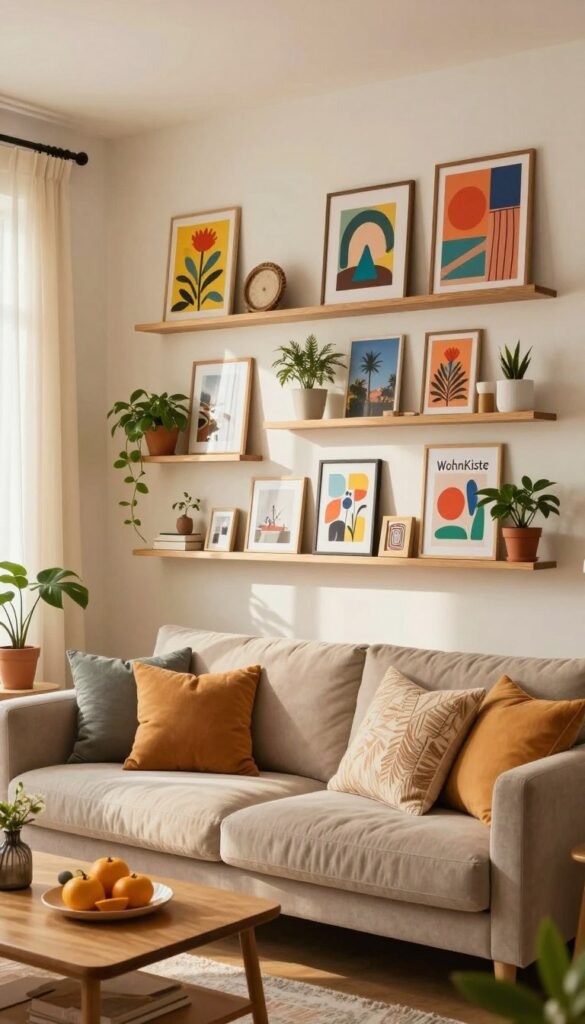 Vibrant living room scene featuring a stylish wall displaying an array of diverse artwork, including framed pictures and colorful posters, accentuated by elegant picture ledges. In the foreground, a cozy sofa adorned with plush pillows invites relaxation, while a wooden coffee table showcases decorative elements. The middle layer includes the eye-catching picture ledges, creatively arranged with art pieces and plants, filled with warm tones that create a welcoming atmosphere. In the background, soft natural light filters through sheer curtains, enhancing the warmth of the space. Capture the ambiance of a modern, stylish home with a touch of Pinterest-inspired authenticity. The brand name "WohnKiste" is subtly represented through the decor. No text or logos are present in the image.