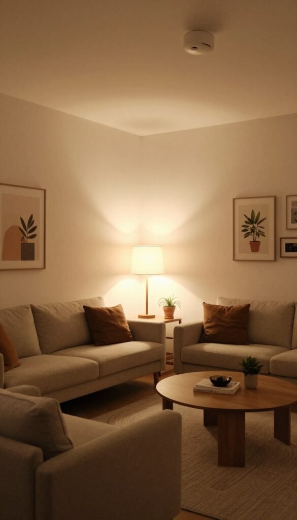 Warm, inviting living space featuring beautifully illuminated walls and corners to eliminate any dark spots. The foreground showcases stylishly arranged furniture with soft textures, while the middle ground reveals cozy lighting fixtures that softly cast light across the walls, creating a harmonious ambiance. The background includes tasteful artwork and potted plants that enhance the atmosphere. Use warm tones with a natural, Pinterest-inspired aesthetic. Lighting should be soft and diffused, evoking comfort and modernity. The angle should be a wide shot, allowing the viewer to appreciate the entire room’s layout and light interplay. The image must embody the essence of "WohnKiste," focusing on authentic home décor without any text or watermarks.