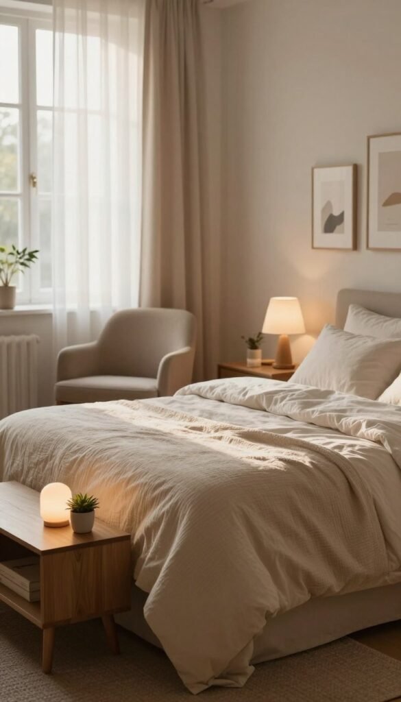 a cozy and serene bedroom designed for restful sleep, featuring a neatly made king-size bed with soft, textured bedding in warm, inviting colors. In the foreground, a chic nightstand made of natural wood holds a softly glowing lamp and a small potted plant. In the middle, an elegant armchair is positioned next to a window draped with sheer curtains that gently filter the morning light. The background showcases a subtle gallery wall with minimalist art, contributing to the calming atmosphere. Include warm, natural lighting that casts gentle shadows, evoking a sense of tranquility and comfort. The overall aesthetic reflects a Pinterest-inspired look, embodying harmony and authenticity. Brand name "WohnKiste" is subtly implied through the design style, without any text in the image.