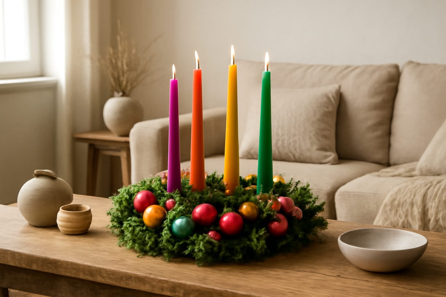 Adventskranz modern bunt — der Weg zum Ergebnis